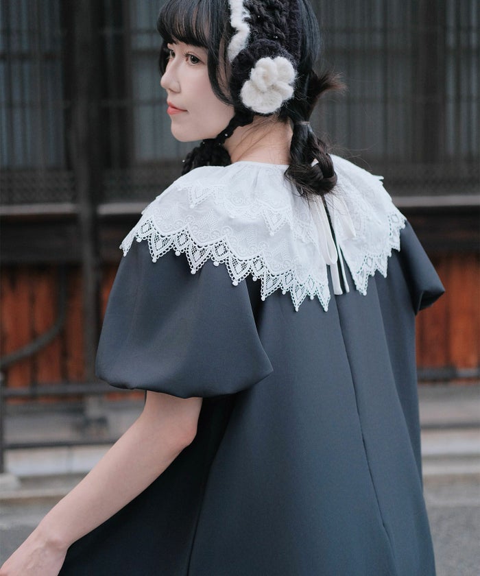 り外し レースカラー Aライン ワンピース miolite グレー ブラック