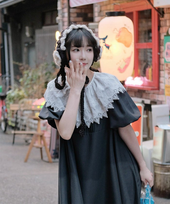 り外し レースカラー Aライン ワンピース miolite グレー ブラック