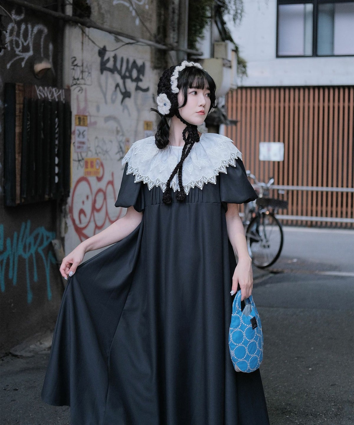 り外し レースカラー Aライン ワンピース miolite グレー ブラック