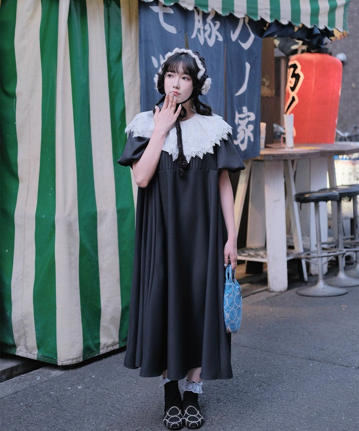 り外し レースカラー Aライン ワンピース miolite グレー ブラック