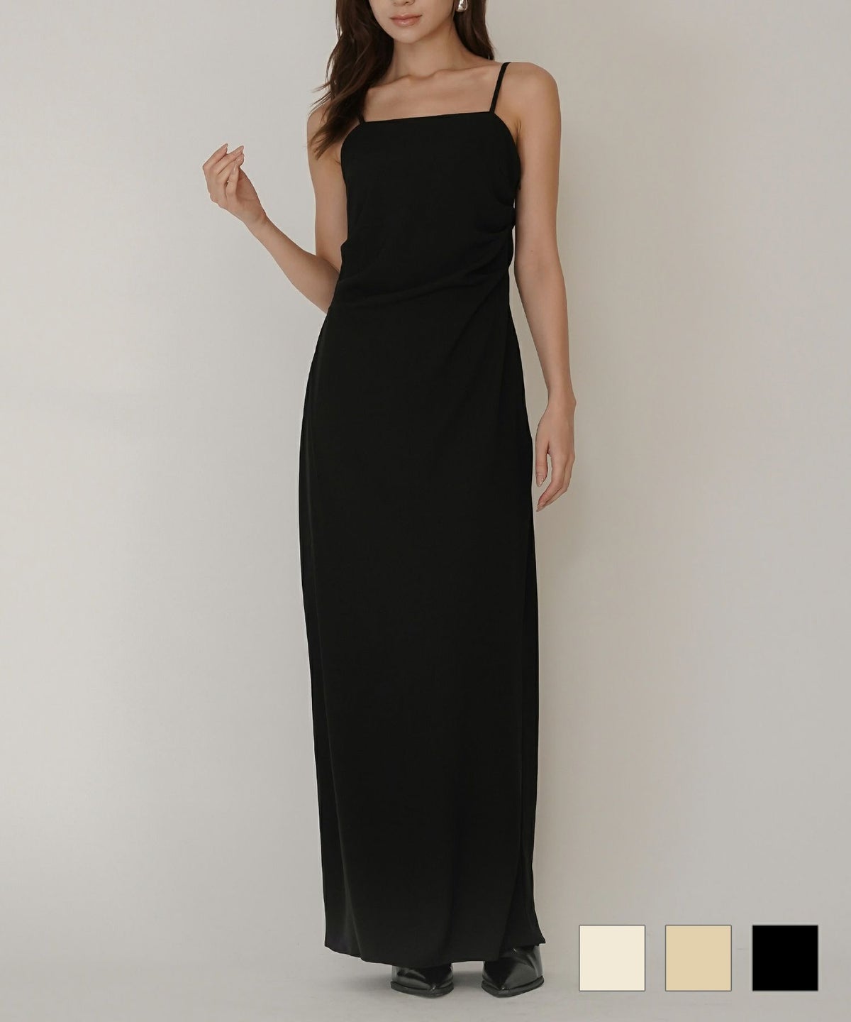 ドレープ タイトワンピース ディナー お出かけ スクエアネック 2次会 バーティ ドレス 紐デザイン 韓国風 綺麗め 細見え カジュアル KINO THE KEI トリプルタック デザイン キャミソール ワンピース KINO THE KEI