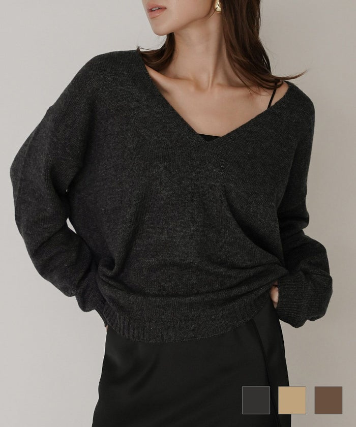 大きめニット 無地 セーター オフィス ビジネス 学校 韓国風 綺麗め 細見え カジュアル KINO THE KEI 深Ｖネック オーバーニット プルオーバー KINO THE KEI