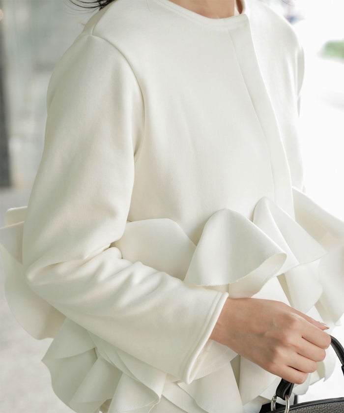 ボンバーヒート フリルヘム ジャケット HUIT ジャケット アウター ノーカラー トップス 裏起毛 秋 冬 ホワイト/ブラック/M