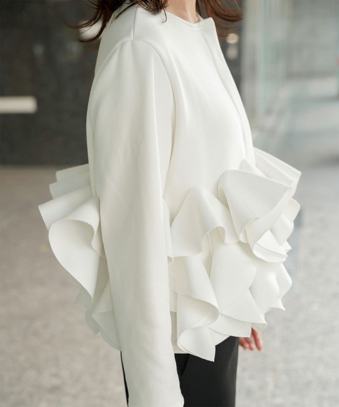 ボンバーヒート フリルヘム ジャケット HUIT ジャケット アウター ノーカラー トップス 裏起毛 秋 冬 ホワイト/ブラック/M