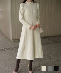 ボンバーヒート Aライン ワンピース HUIT レディース ハイネック スタンドネック 裏起毛 秋 冬 アイボリー チャコール ブラック M ボンバーヒート Aライン ワンピース HUIT