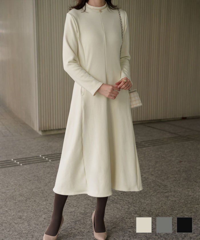 ボンバーヒート Aライン ワンピース HUIT レディース ハイネック スタンドネック 裏起毛 秋 冬 アイボリー チャコール ブラック M ボンバーヒート Aライン ワンピース HUIT