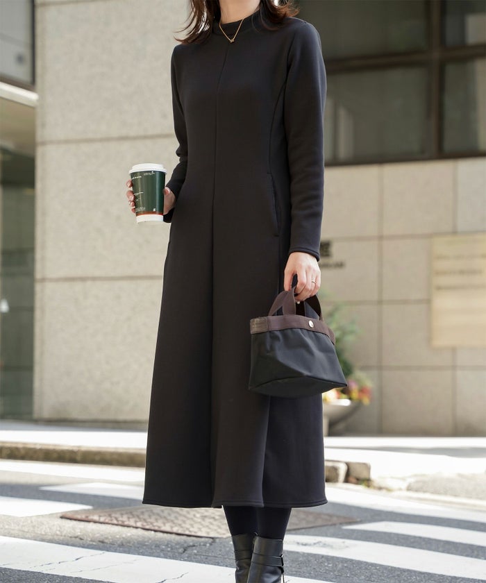 ボンバーヒート Aライン ワンピース HUIT レディース ハイネック スタンドネック 裏起毛 秋 冬 アイボリー/チャコール/ブラック/M