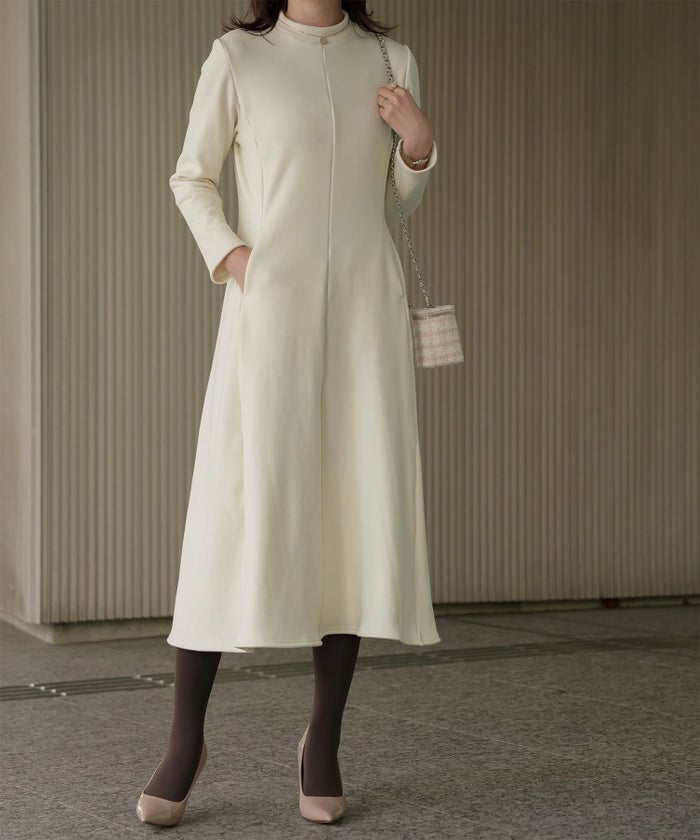 ボンバーヒート Aライン ワンピース HUIT レディース ハイネック スタンドネック 裏起毛 秋 冬 アイボリー/チャコール/ブラック/M