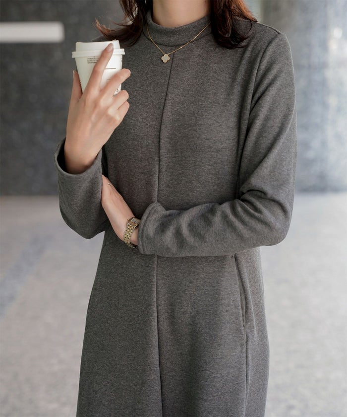 ボンバーヒート Aライン ワンピース HUIT レディース ハイネック スタンドネック 裏起毛 秋 冬 アイボリー/チャコール/ブラック/M