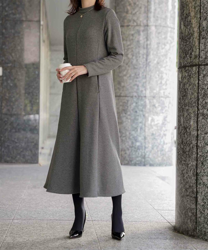 ボンバーヒート Aライン ワンピース HUIT レディース ハイネック スタンドネック 裏起毛 秋 冬 アイボリー/チャコール/ブラック/M