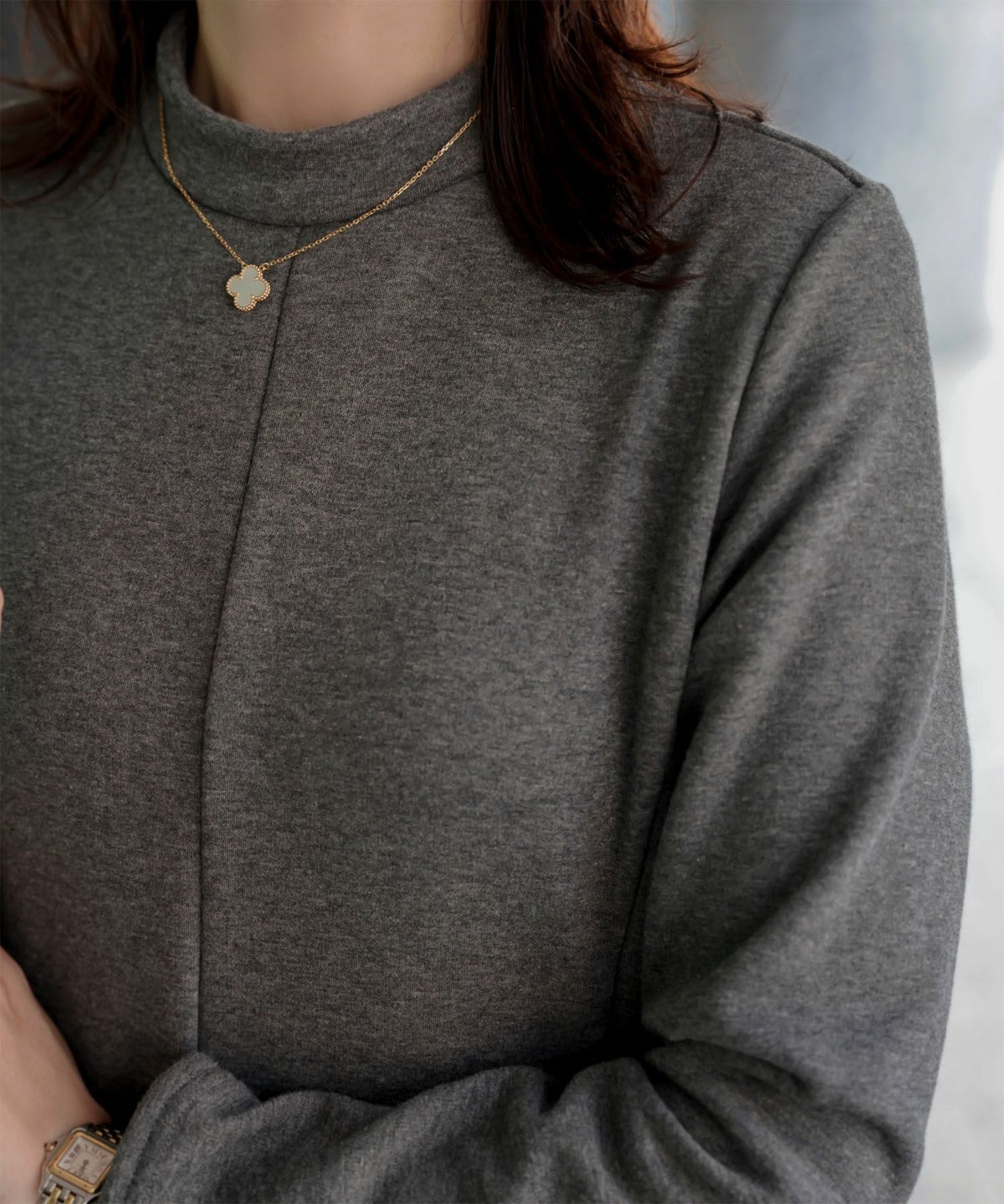 ボンバーヒート Aライン ワンピース HUIT レディース ハイネック スタンドネック 裏起毛 秋 冬 アイボリー/チャコール/ブラック/M