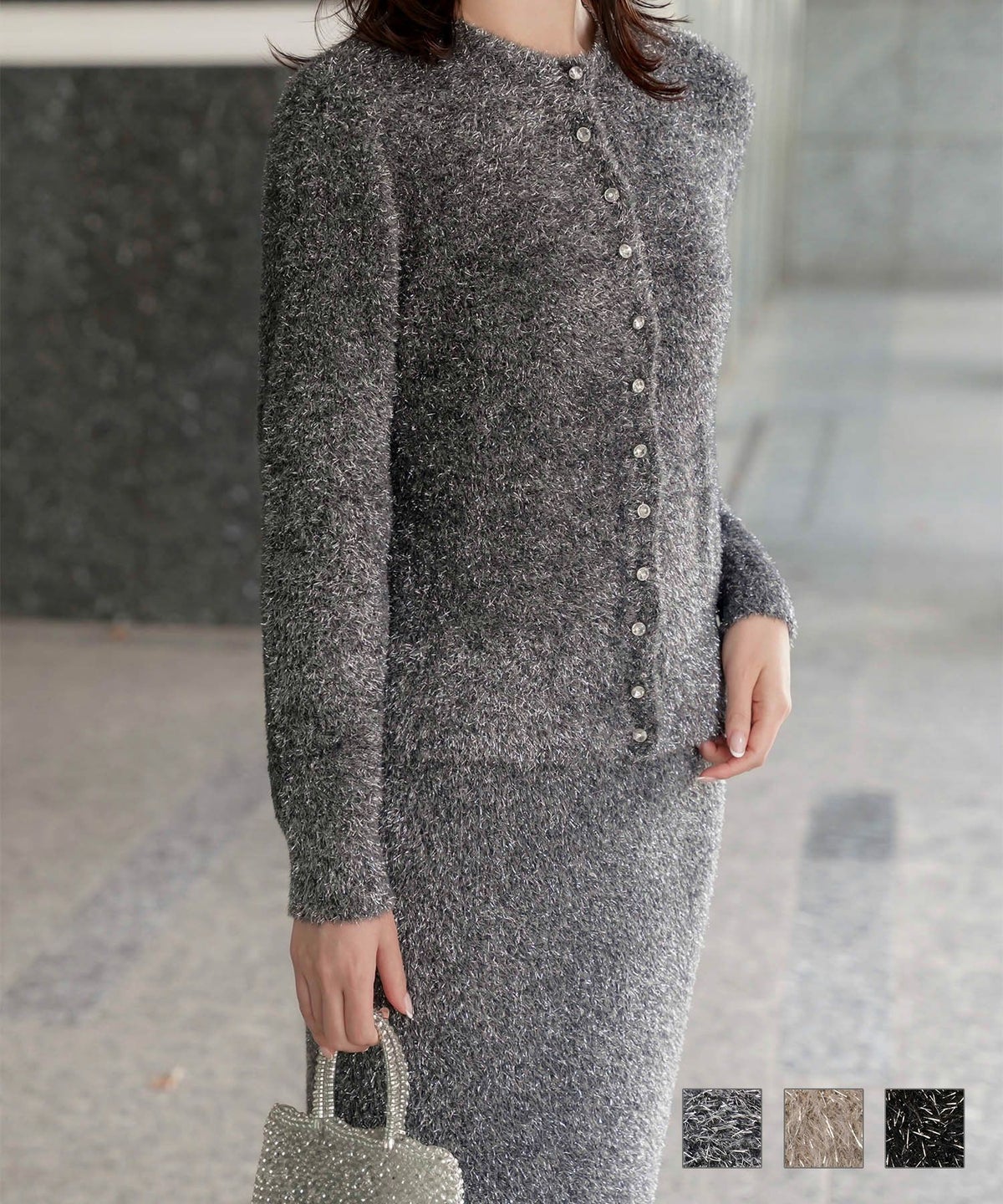 ラメシャギー ニット カーディガン トップス レディース 秋 冬 長袖 洗濯 おしゃれ オフィス 可愛い きれいめ 大人 セットアップ シルバー グレージュ ブラック M ラメシャギー ニット カーディガン HUIT