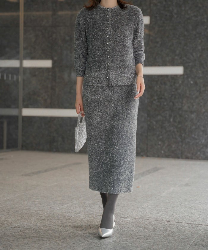 ラメシャギー ニット カーディガン トップス レディース 秋 冬 長袖 洗濯 おしゃれ オフィス 可愛い きれいめ 大人 セットアップ シルバー グレージュ ブラック M