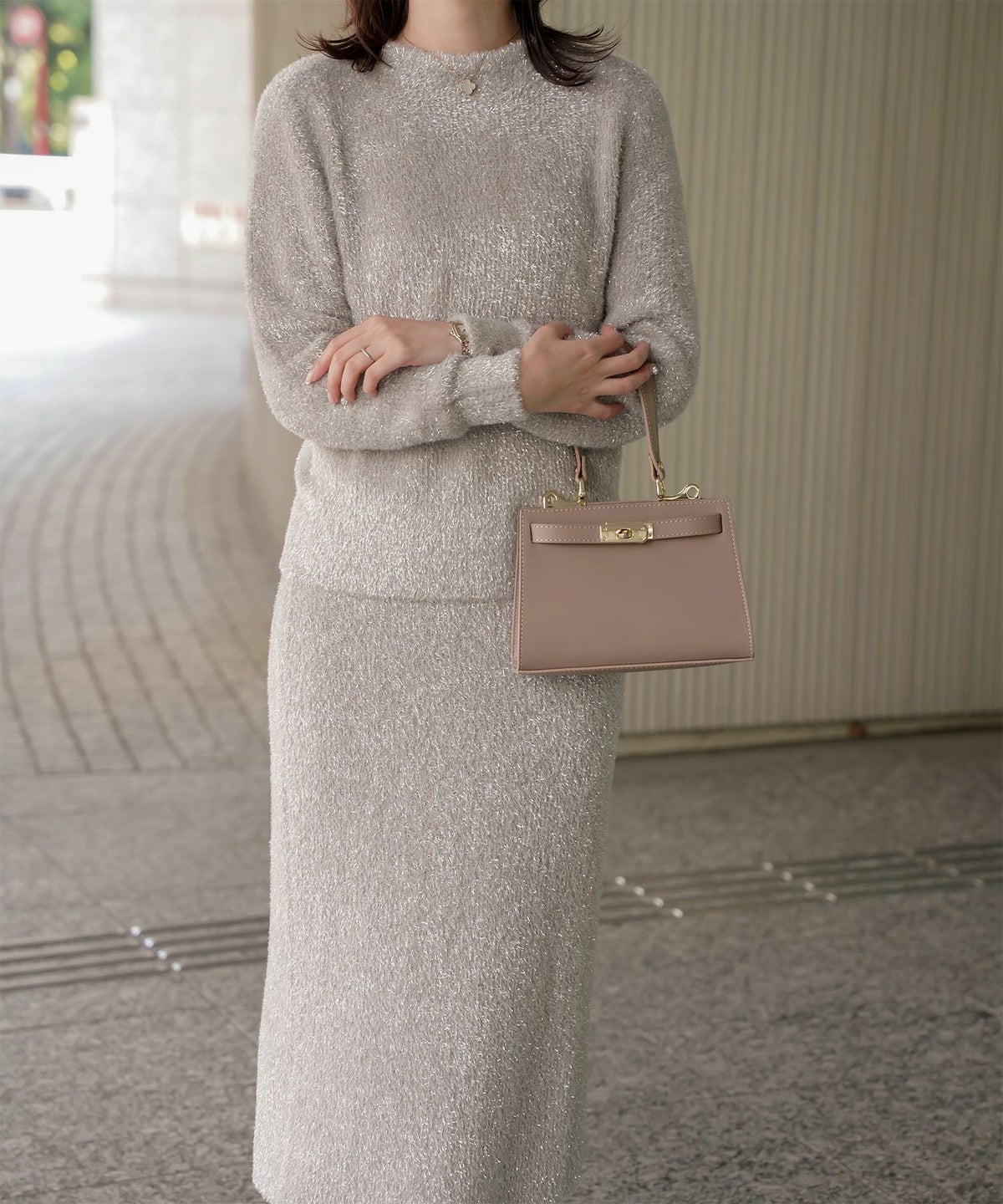 ラメシャギー ニット スカート 秋 冬 ロング ウエストゴム レディース ファッション 着回し 長め 無地 セットアップ シルバー グレージュ ブラック S M