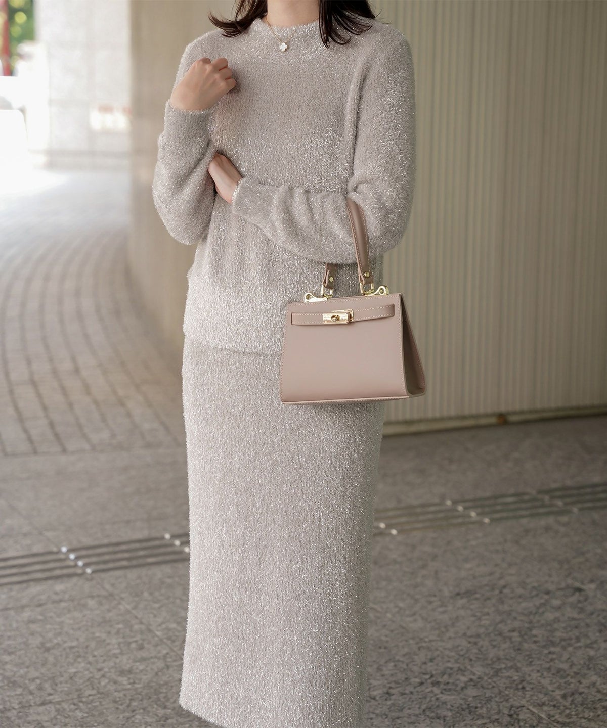 ラメシャギー ニット スカート 秋 冬 ロング ウエストゴム レディース ファッション 着回し 長め 無地 セットアップ シルバー グレージュ ブラック S M