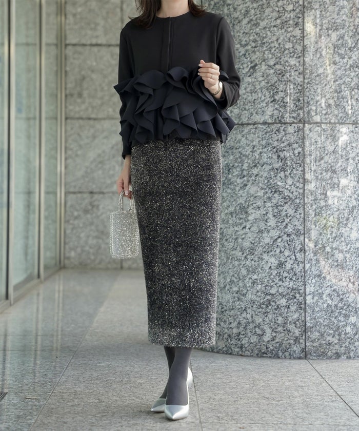 ラメシャギー ニット スカート 秋 冬 ロング ウエストゴム レディース ファッション 着回し 長め 無地 セットアップ シルバー グレージュ ブラック S M