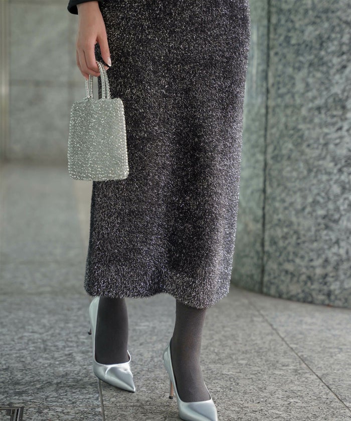ラメシャギー ニット スカート 秋 冬 ロング ウエストゴム レディース ファッション 着回し 長め 無地 セットアップ シルバー グレージュ ブラック S M