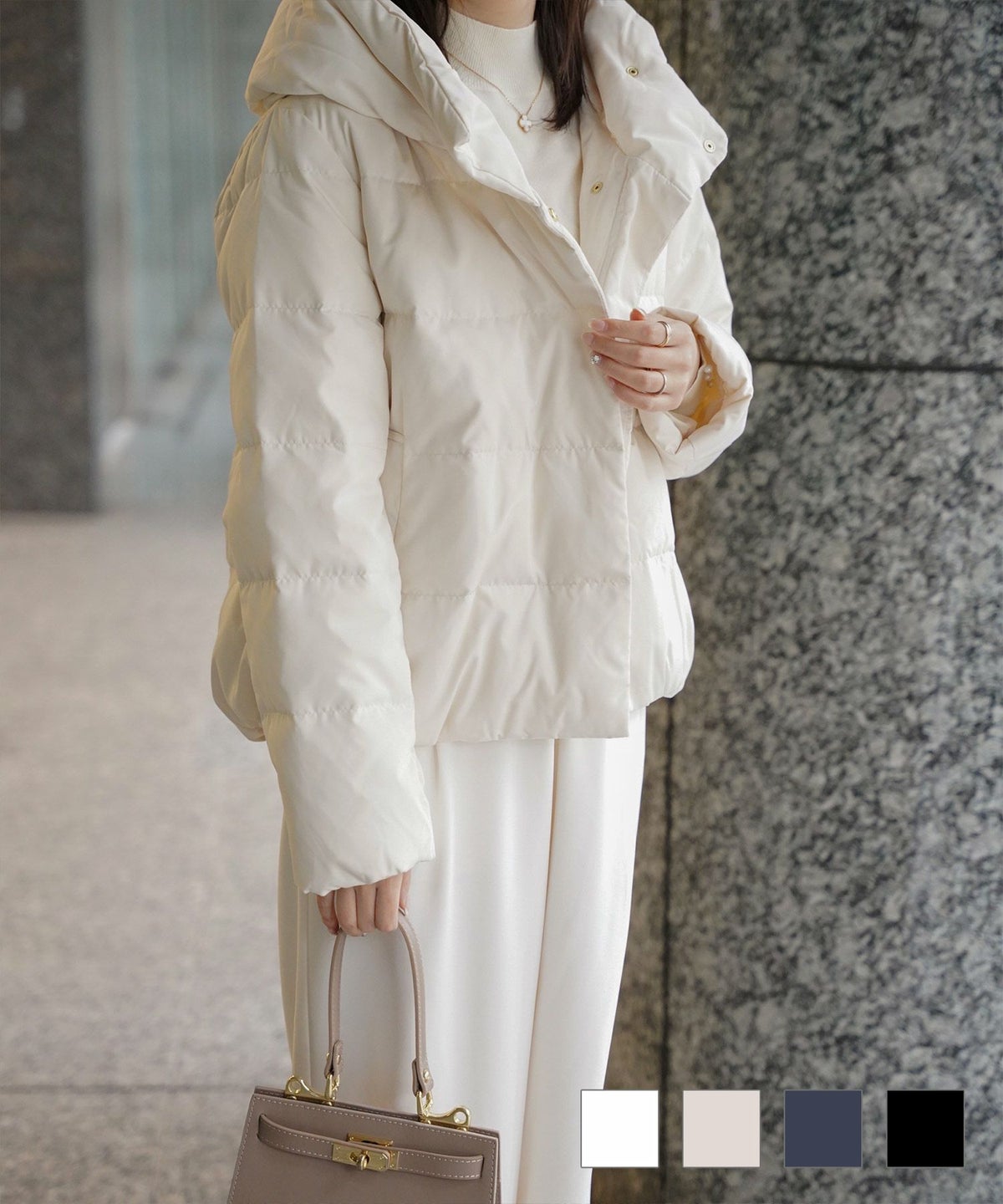 ショート丈 フード付き ダウン コート レディース アウター おしゃれ おすすめ きれいめ ビジネス 可愛い ホワイト グレージュ ネイビー ブラック M ショート丈 フード付き ダウン コート HUIT