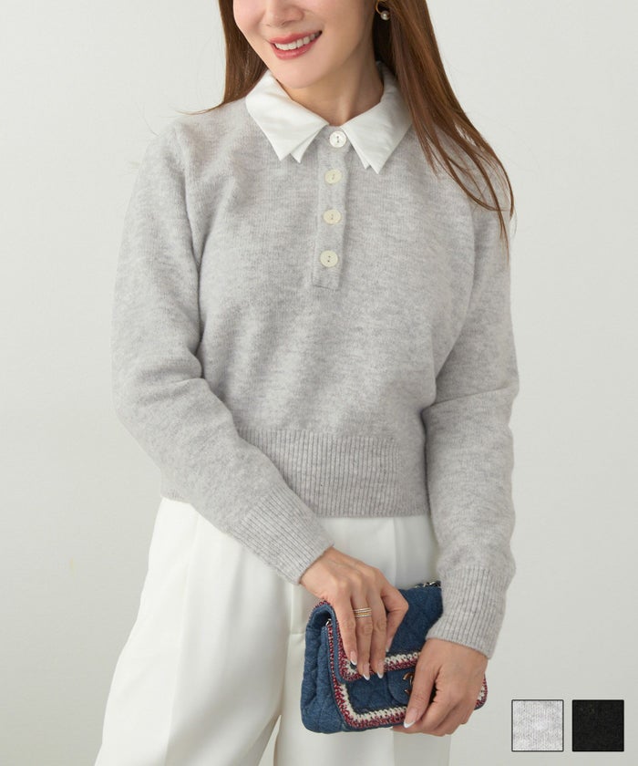 手洗い可 セットアップ対応 取り外し可 長袖 大人可愛い 上品 きれいめ オフィス 大人カジュアル フェミニン ジョイントスペース 布帛襟 ヘンリーネック ニット Liala×PG