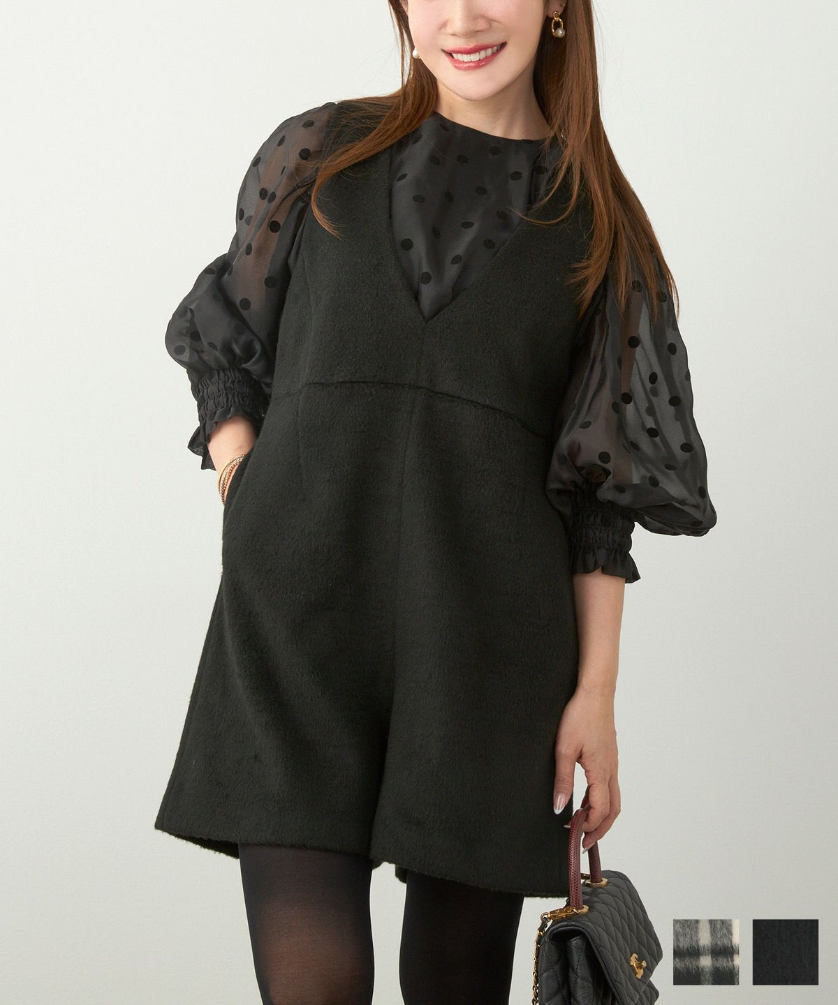 レディース 大人可愛い 上品 きれいめ 大人カジュアル フェミニン 柄 白黒 ジョイントスペース Vネック ショート オールインワン Liala×PG