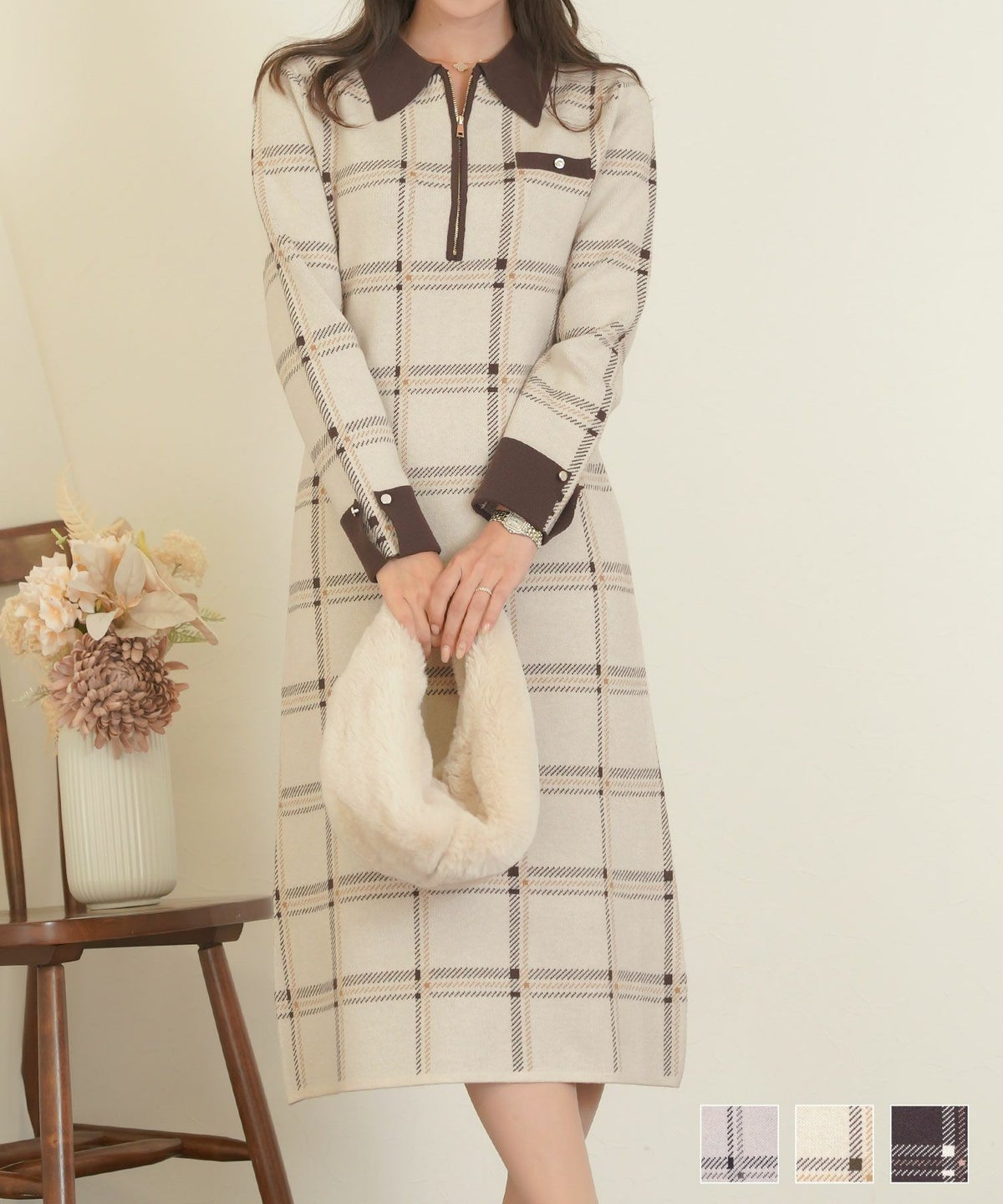 配色 バイカラー ボタン タイト ナロー セミフレア 膝下丈 チェック柄 ロービングチェック 秋 冬 春 ブラウン グレー ネイビー ベージュ アイボリー 上品 フェミニン 大人 エレガント 長袖 ハーフジップ チェック ニット ワンピース le reve vaniller