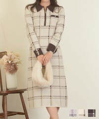 配色 バイカラー ボタン タイト ナロー セミフレア 膝下丈 チェック柄 ロービングチェック 秋 冬 春 ブラウン グレー ネイビー ベージュ アイボリー 上品 フェミニン 大人 エレガント 長袖 ハーフジップ チェック ニット ワンピース le reve vaniller