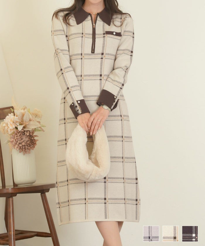 配色 バイカラー ボタン タイト ナロー セミフレア 膝下丈 チェック柄 ロービングチェック 秋 冬 春 ブラウン グレー ネイビー ベージュ アイボリー 上品 フェミニン 大人 エレガント 長袖 ハーフジップ チェック ニット ワンピース le reve vaniller