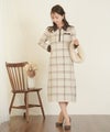 ワンピース ニット 襟 フロントファスナー カフス 配色 バイカラー ボタン タイト ナロー セミフレア 膝下丈 チェック柄 ロービングチェック 秋 冬 春 ブラウン グレー ネイビー ベージュ アイボリー 上品 フェミニン 大人 エレガント 長袖