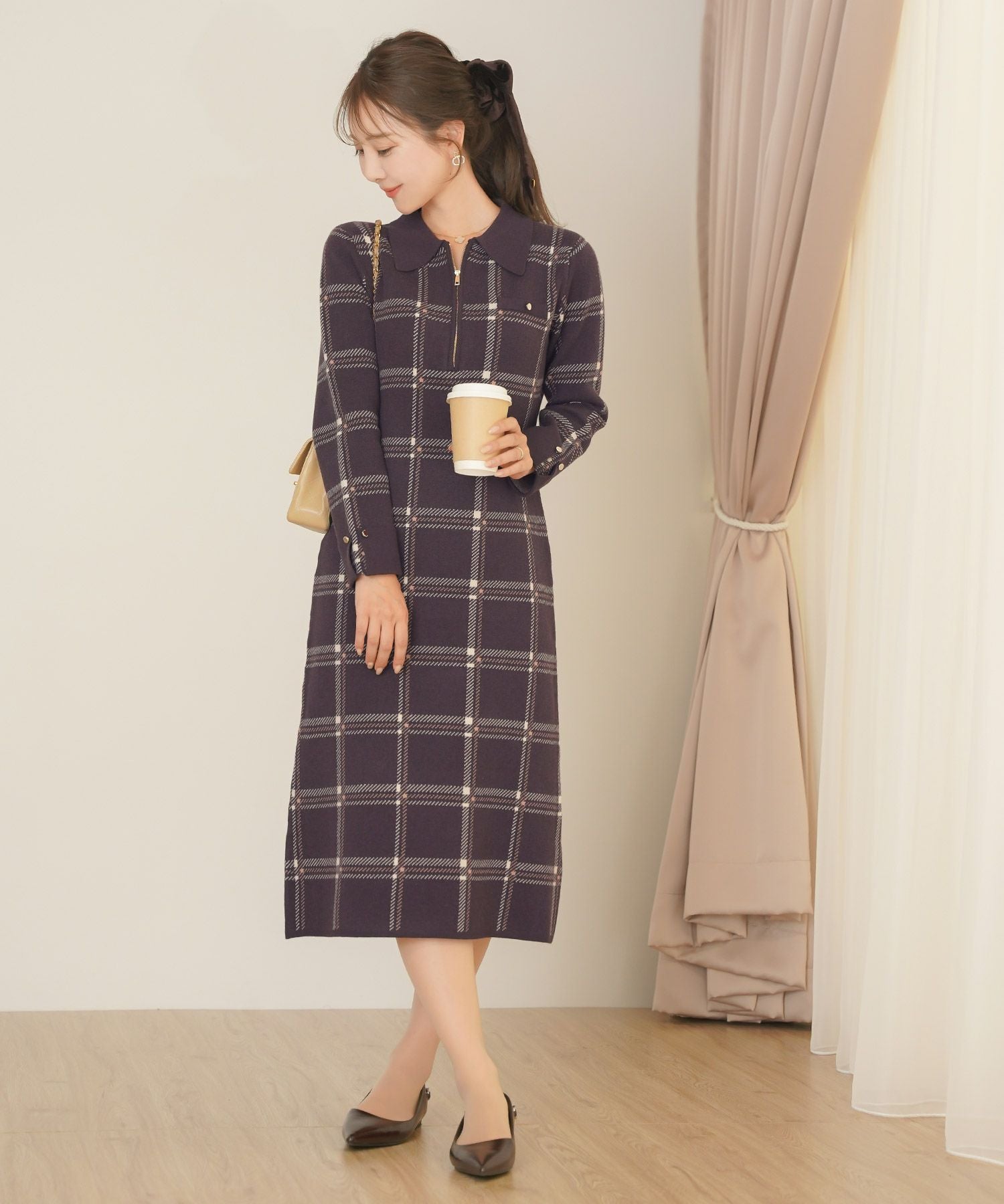 SPRING-SALE ハーフジップ チェック ニット ワンピース le reve