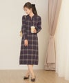 ワンピース ニット 襟 フロントファスナー カフス 配色 バイカラー ボタン タイト ナロー セミフレア 膝下丈 チェック柄 ロービングチェック 秋 冬 春 ブラウン グレー ネイビー ベージュ アイボリー 上品 フェミニン 大人 エレガント 長袖