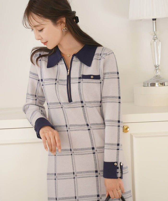 ワンピース ニット 襟 フロントファスナー カフス 配色 バイカラー ボタン タイト ナロー セミフレア 膝下丈 チェック柄 ロービングチェック 秋 冬 春 ブラウン グレー ネイビー ベージュ アイボリー 上品 フェミニン 大人 エレガント 長袖