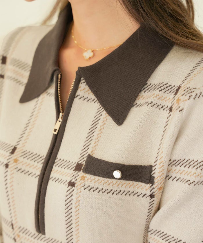 ワンピース ニット 襟 フロントファスナー カフス 配色 バイカラー ボタン タイト ナロー セミフレア 膝下丈 チェック柄 ロービングチェック 秋 冬 春 ブラウン グレー ネイビー ベージュ アイボリー 上品 フェミニン 大人 エレガント 長袖