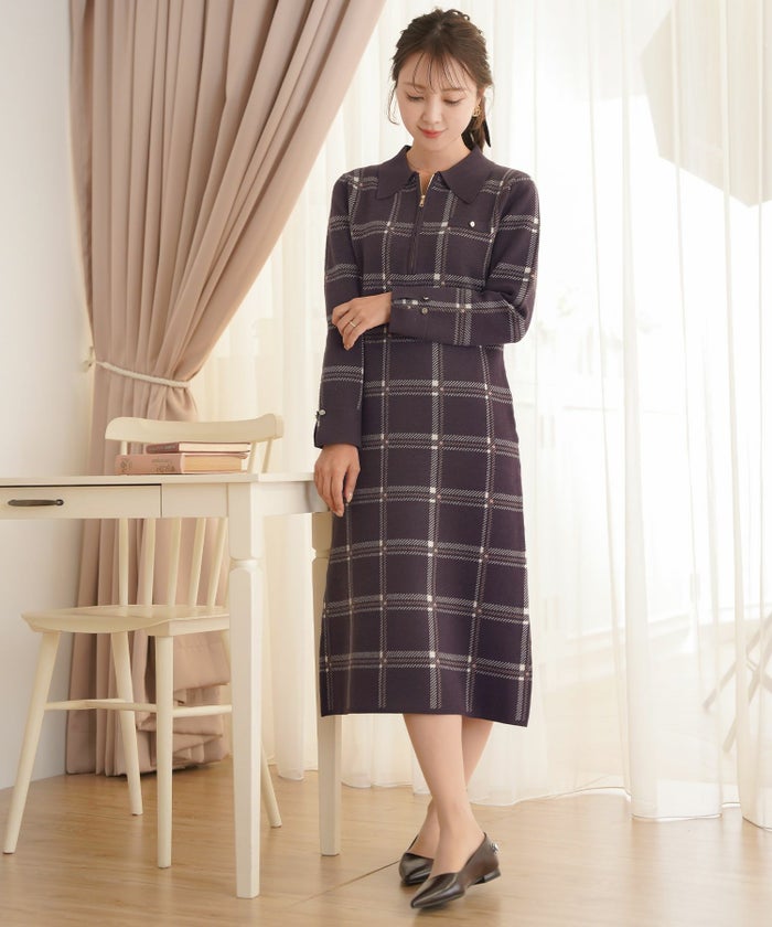 ワンピース ニット 襟 フロントファスナー カフス 配色 バイカラー ボタン タイト ナロー セミフレア 膝下丈 チェック柄 ロービングチェック 秋 冬 春 ブラウン グレー ネイビー ベージュ アイボリー 上品 フェミニン 大人 エレガント 長袖