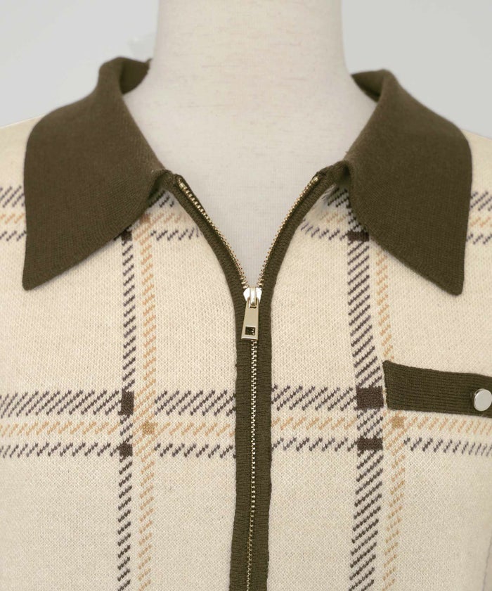 ワンピース ニット 襟 フロントファスナー カフス 配色 バイカラー ボタン タイト ナロー セミフレア 膝下丈 チェック柄 ロービングチェック 秋 冬 春 ブラウン グレー ネイビー ベージュ アイボリー 上品 フェミニン 大人 エレガント 長袖