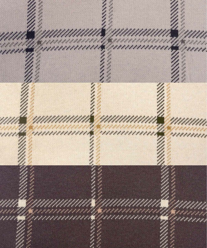 ワンピース ニット 襟 フロントファスナー カフス 配色 バイカラー ボタン タイト ナロー セミフレア 膝下丈 チェック柄 ロービングチェック 秋 冬 春 ブラウン グレー ネイビー ベージュ アイボリー 上品 フェミニン 大人 エレガント 長袖