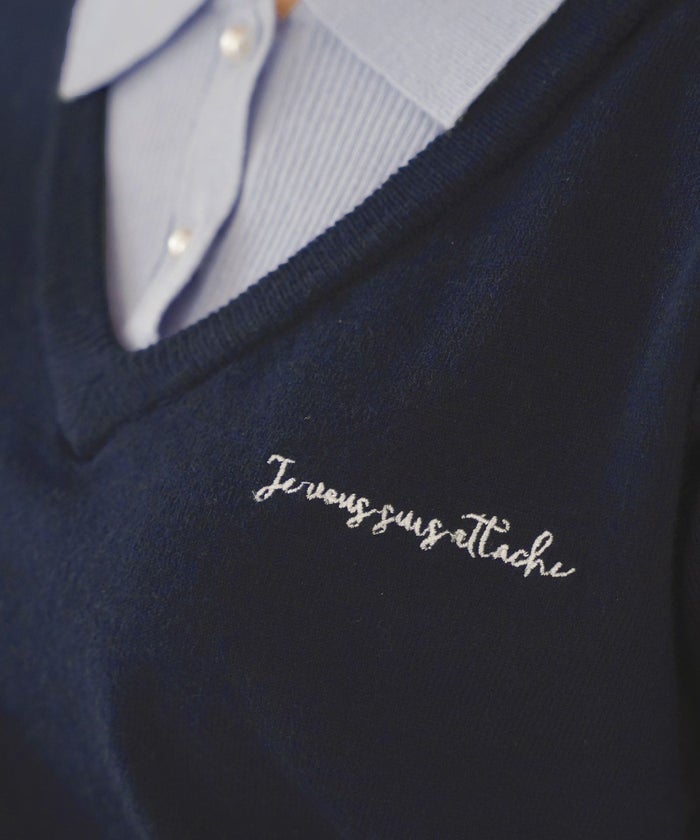 ニット トップス 襟 パール ボタン 刺繍 ロゴ ドッキング風 レイヤード風 上品 エレガント フェミニン かわいい バイカラー