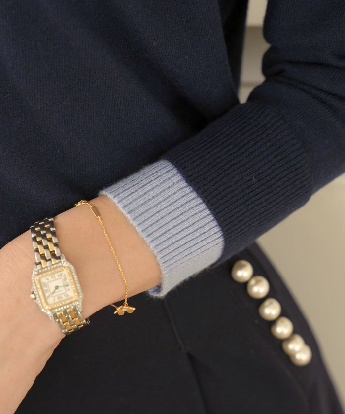 ニット トップス 襟 パール ボタン 刺繍 ロゴ ドッキング風 レイヤード風 上品 エレガント フェミニン かわいい バイカラー