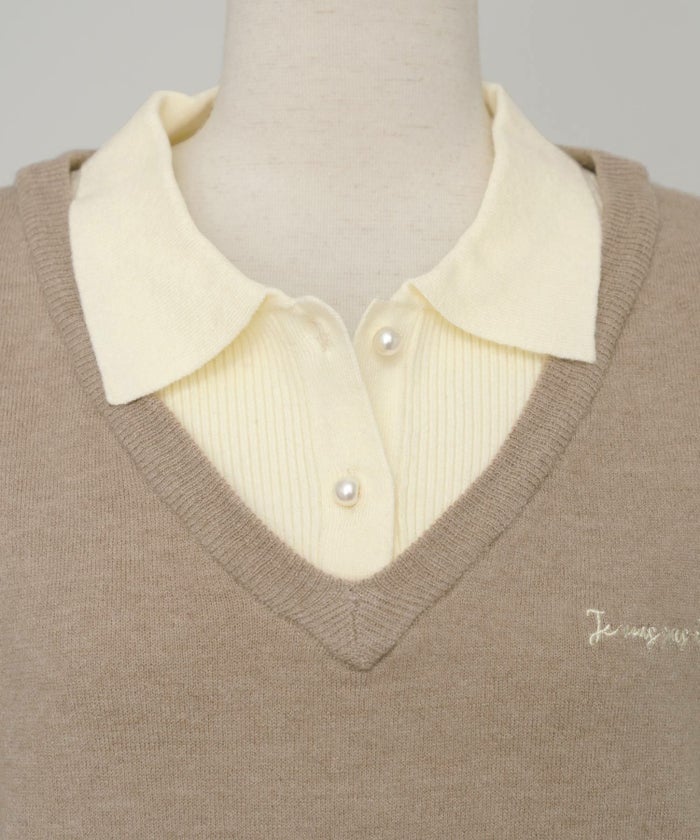 ニット トップス 襟 パール ボタン 刺繍 ロゴ ドッキング風 レイヤード風 上品 エレガント フェミニン かわいい バイカラー