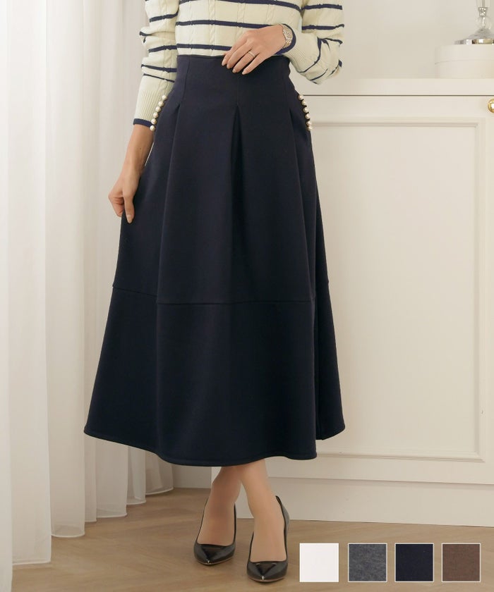 ボトムス フレアスカート タック パール ポケット スカート 上品 エレガント フェミニン きれいめ 裏起毛 起毛 あたたかい 秋 冬 ジョイントスペース ゴム調整 裏起毛 ハイウエスト スカート le reve vaniller