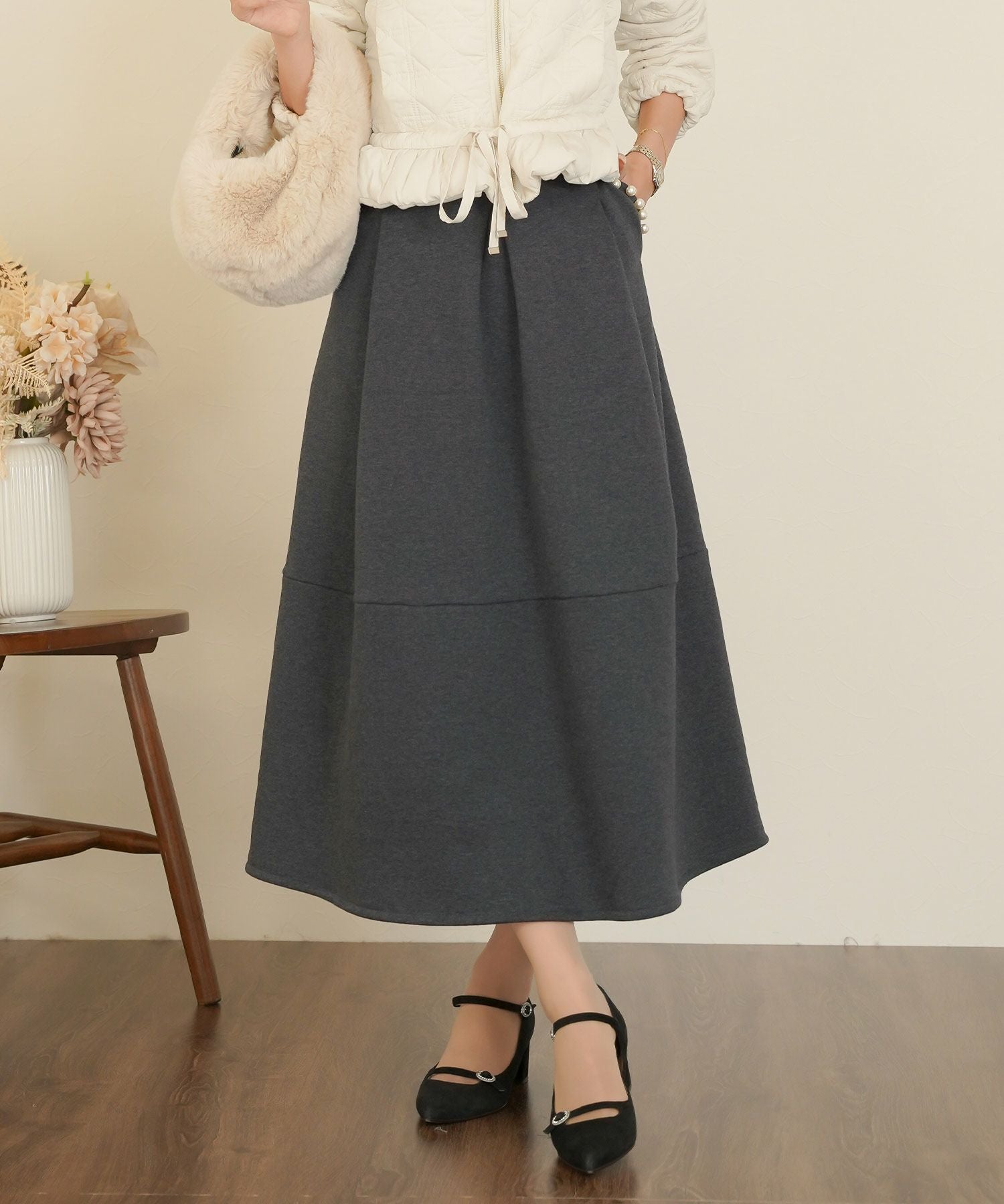 TIME-SALE ゴム調整 裏起毛 ハイウエスト スカート le reve vaniller