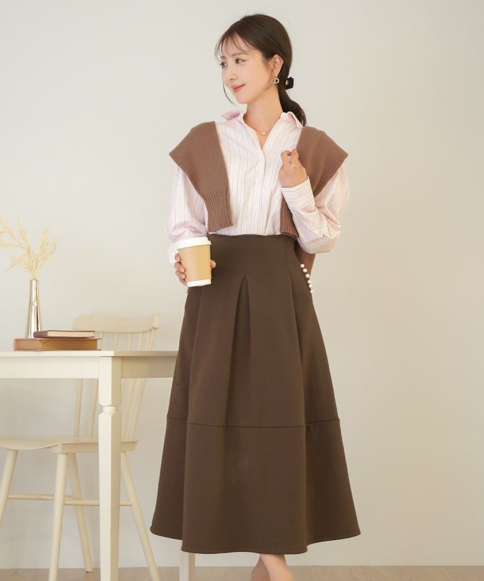 ボトムス フレアスカート タック パール ポケット スカート 上品 エレガント フェミニン きれいめ 裏起毛 起毛 あたたかい 秋 冬 ジョイントスペース