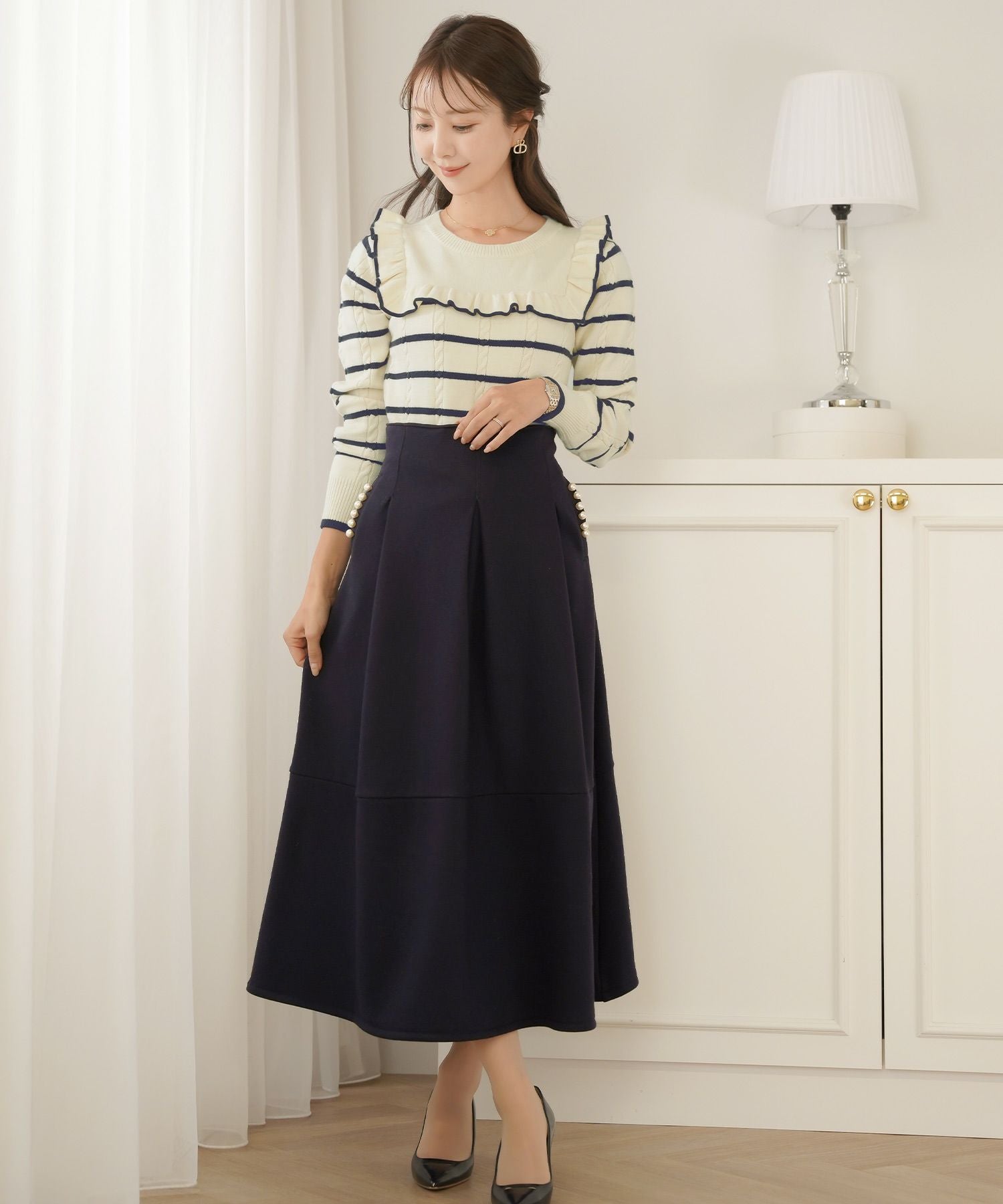 CLEARANCE-SALE ゴム調整 裏起毛 ハイウエスト スカート le reve