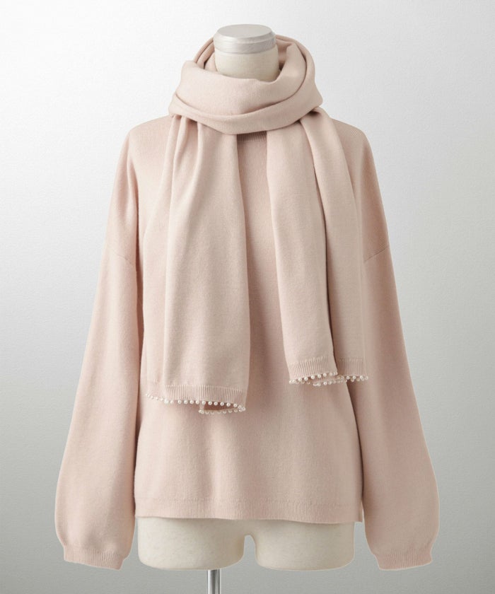 ストール付きニットプルオーバー 2点セット レディース アンゴラタッチ 秋 冬 アイボリー ピンク サックス ブラック M