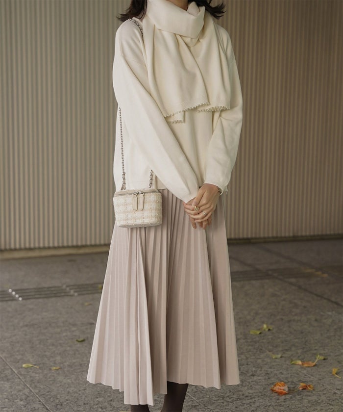 ストール付きニットプルオーバー 2点セット レディース アンゴラタッチ 秋 冬 アイボリー ピンク サックス ブラック M