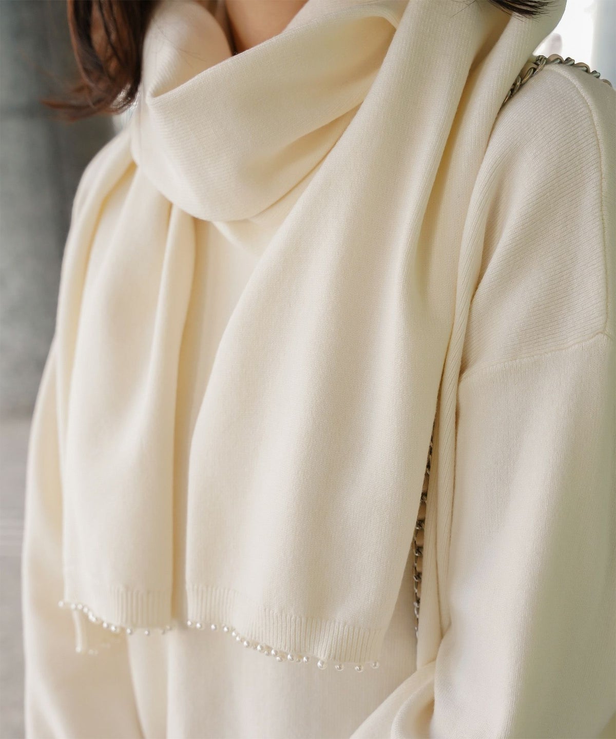 ストール付きニットプルオーバー 2点セット レディース アンゴラタッチ 秋 冬 アイボリー ピンク サックス ブラック M