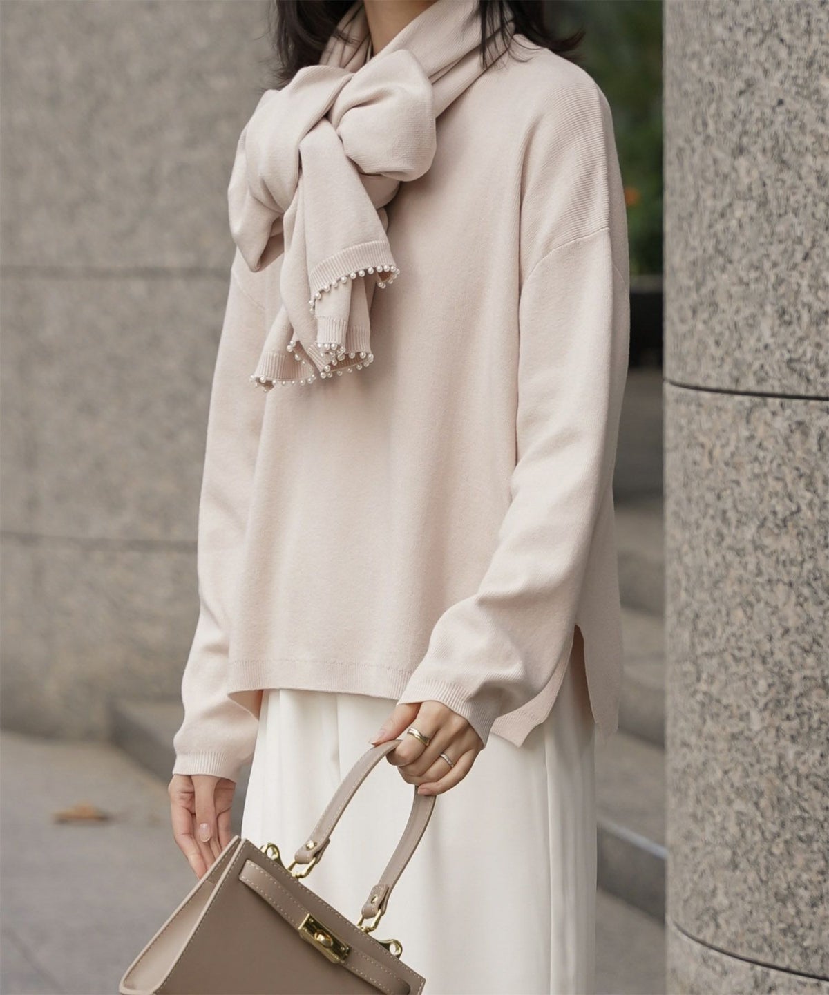 ストール付きニットプルオーバー 2点セット レディース アンゴラタッチ 秋 冬 アイボリー ピンク サックス ブラック M