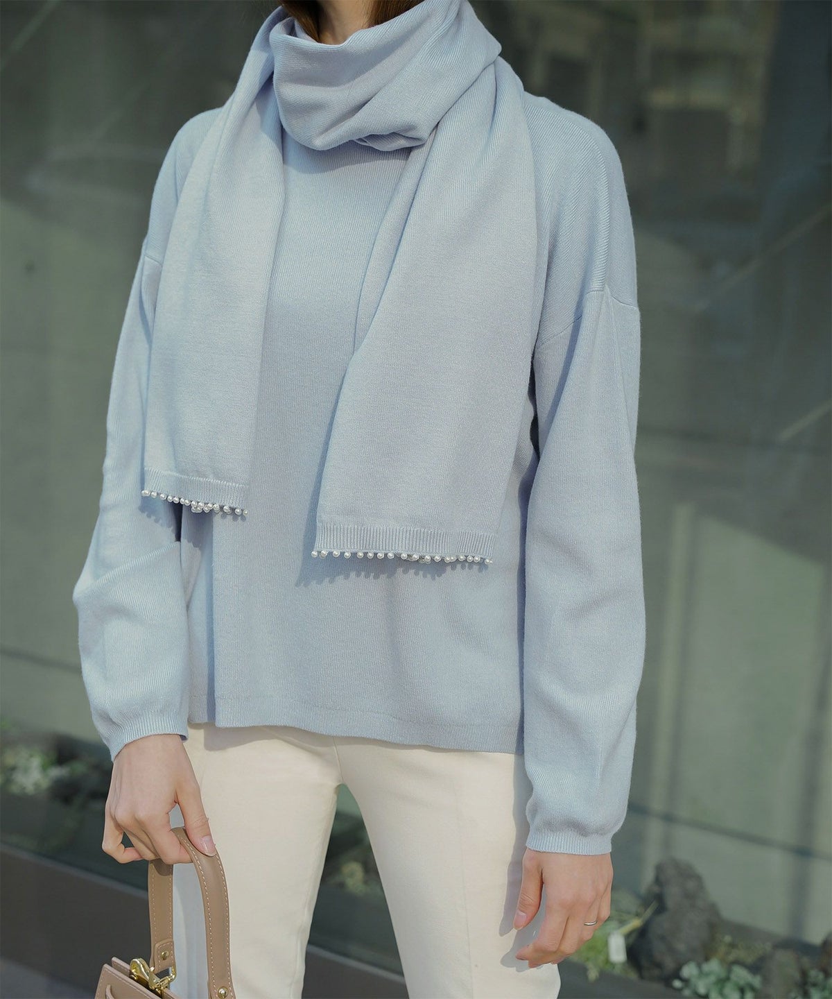 ストール付きニットプルオーバー 2点セット レディース アンゴラタッチ 秋 冬 アイボリー ピンク サックス ブラック M