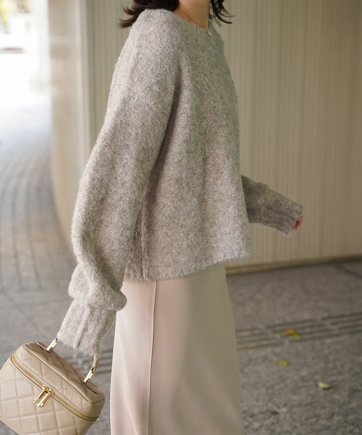 ラメフワニットトップス トップス レディース 長袖 秋 冬 ウォッシャブル ブークレ ライトグレー アプリコット モカ M