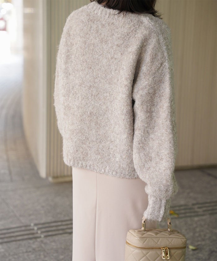 ラメフワニットトップス トップス レディース 長袖 秋 冬 ウォッシャブル ブークレ ライトグレー アプリコット モカ M