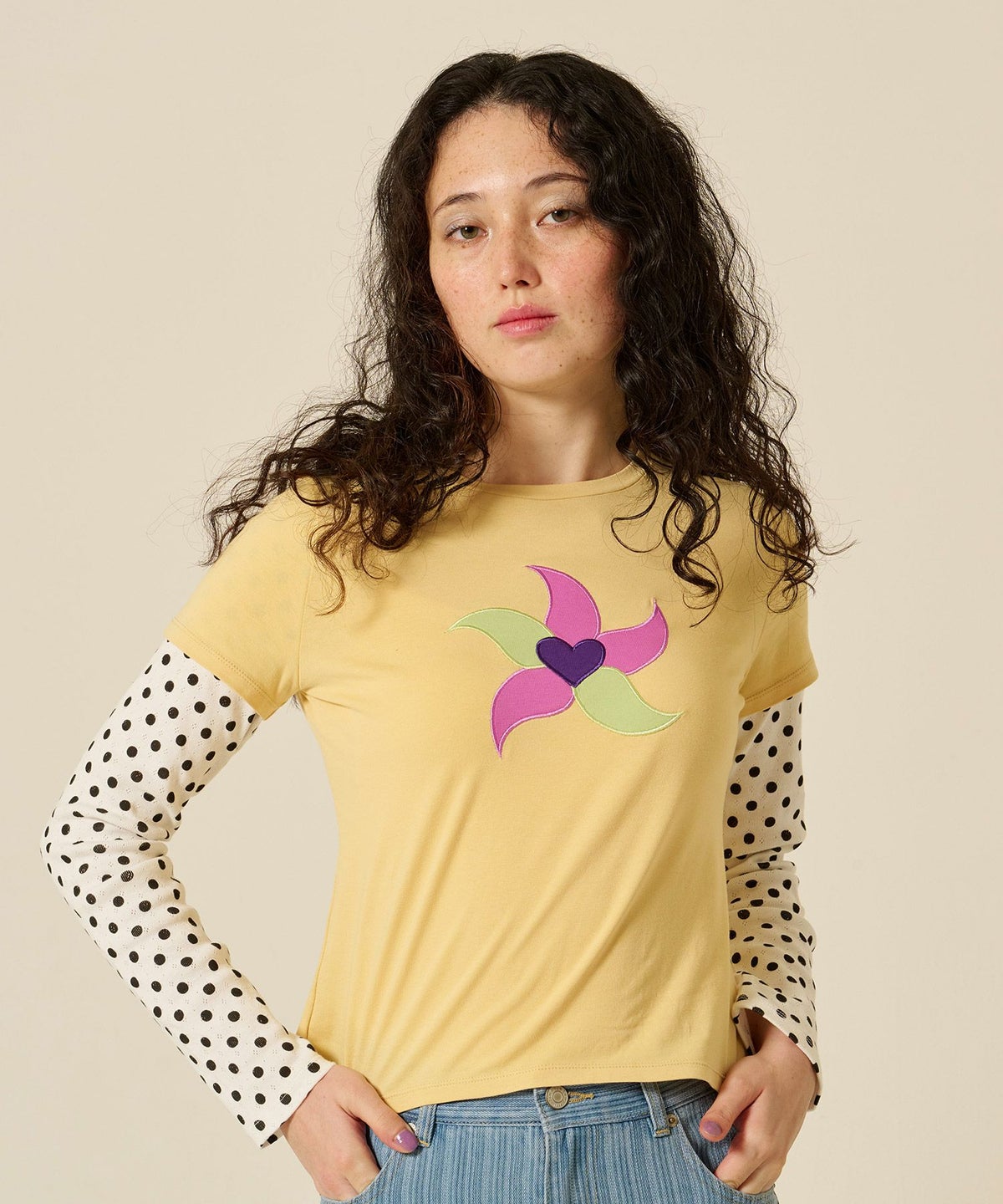 レイヤード/ロンT/ドット/イエロー